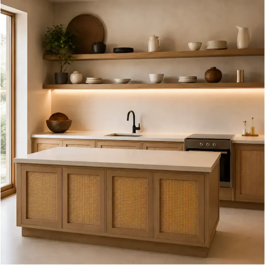 Japandi kitchen with rattan woven island cabinet, open timber shelves and warm ceramic decor