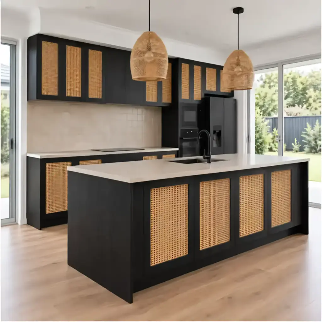 Modern Japandi kitchen with dark timber rattan woven cabinets, stone island and rattan pendant lights