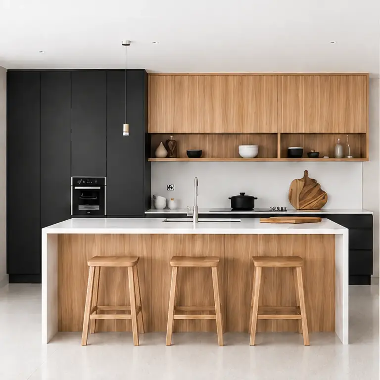 Wide‑angle black timber kitchen interior, built‑in oven inside matte black tall cabinet, open floating shelves, feature quartz island bench