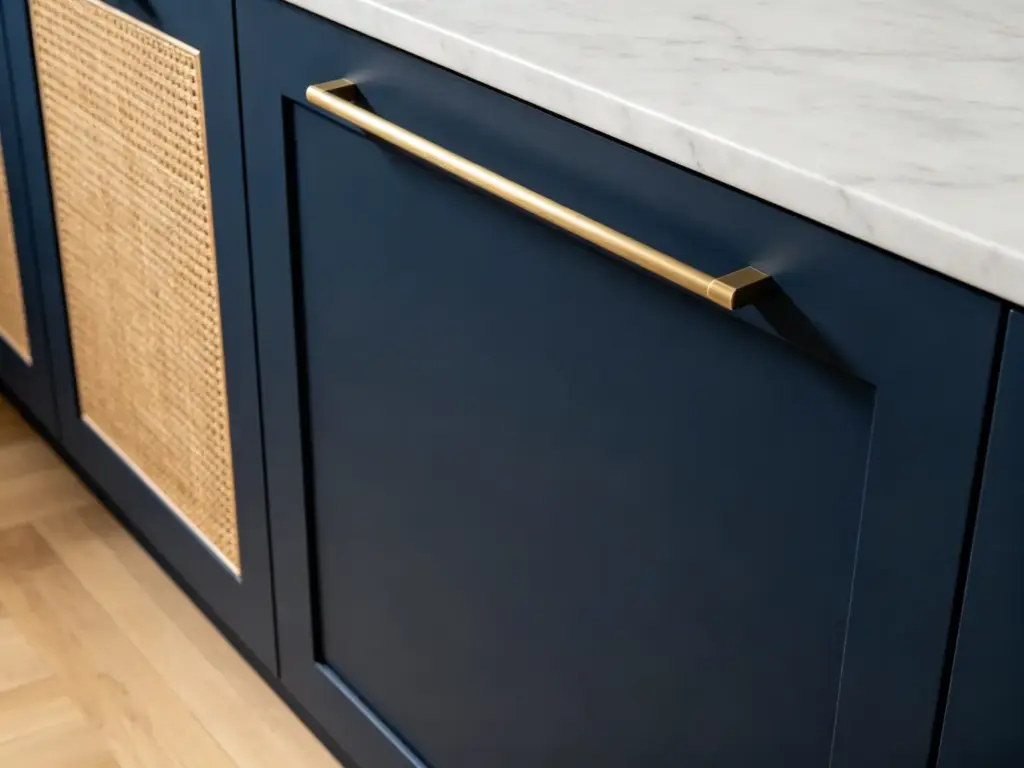 Detail shot of navy blue shaker cabinet door with brushed brass long bar handle and natural rattan weave inset