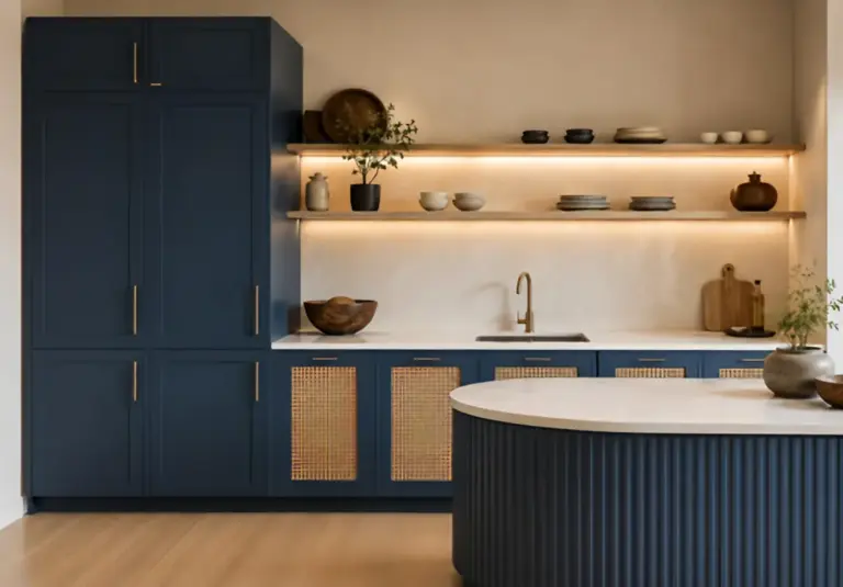 Matte navy blue kitchen cabinetry with brushed brass hardware, rattan inset doors and open oak shelving in an Italian transitional Australian kitchen