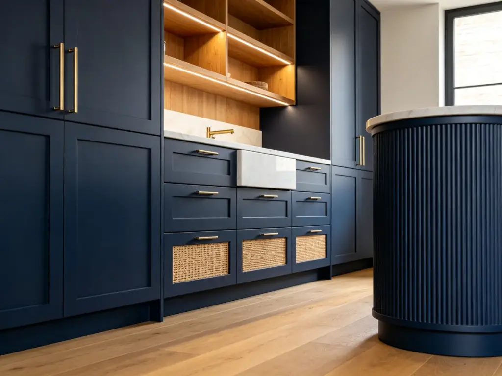 Side angle of navy blue shaker cabinets with rattan inset doors and fluted island bench in an Australian transitional kitchen
