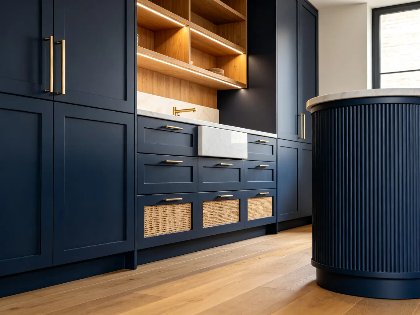 Side angle of navy blue shaker cabinets with rattan inset doors and fluted island bench in an Australian transitional kitchen