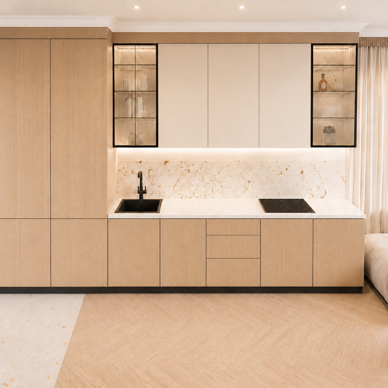 VCCUCINE-OWSP 2Pac Oak-Veneer Kitchen Cabinetry Fluted Glass Cabinet for AU Apartment Projects
