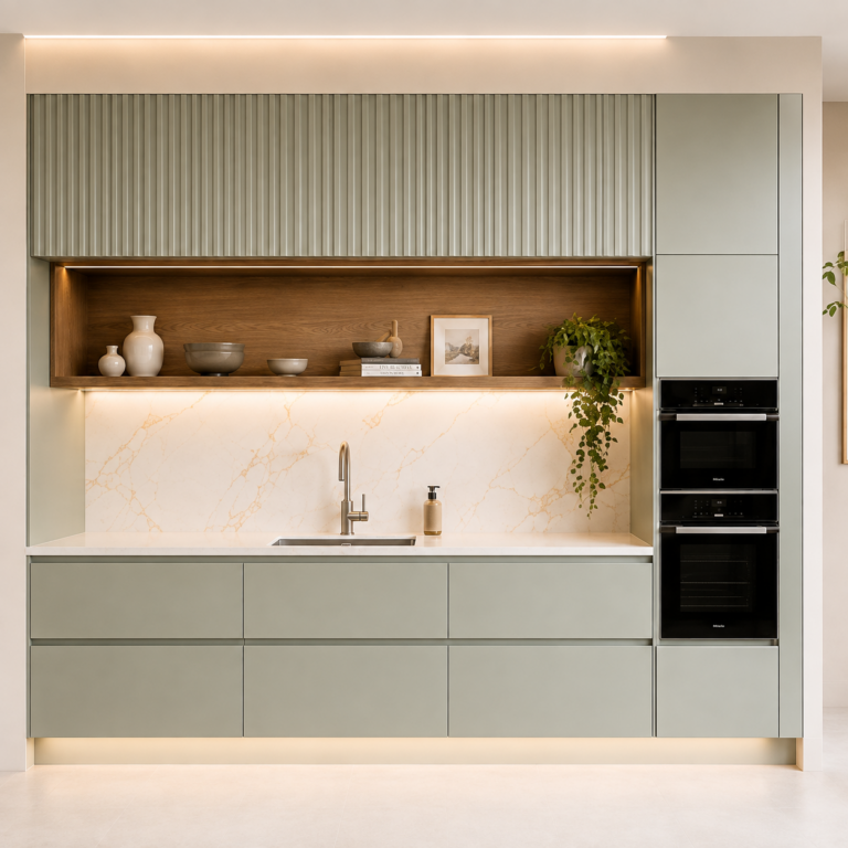 VCCUCINE-SGFD001 Sage-Green Melamine Fluted Kitchen Cabinetry for AU Apartment Projects