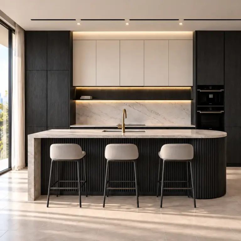 VCCUCINE-PWSO Black-Oak & White-Melamine Kitchen Cabinetry | Curved Fluted Island for AU Projects
