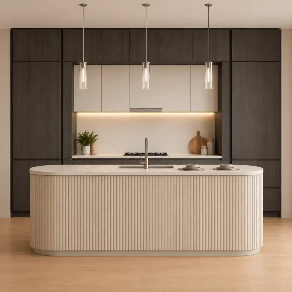 VCCUCINE–DACB Modern Handleless Matte Black Oak And White Melamine Contrast Flat Panel Kitchen Cabinetry with White Fluted Curved Kitchen Island for Australia Project Apartment