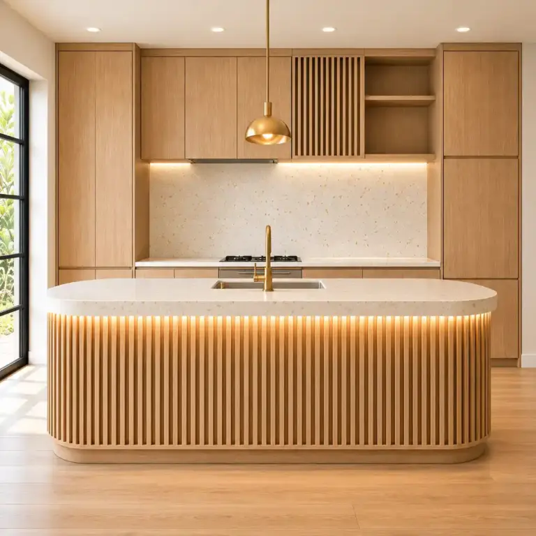 VCCUCINE-DASO Handleless Black Oak Kitchen Cabinetry with Curved Fluted Island for AU Apartment Projects