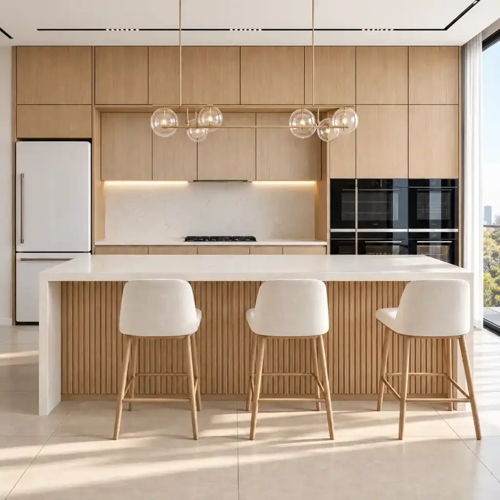 VCCUCINE-MNFD002 Handleless Light Oak Veneer Kitchen Cabinetry with Fluted Island for AU Apartment Projects