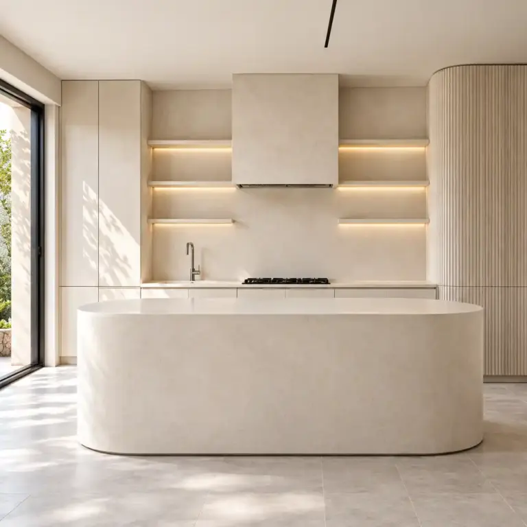 VCCUCINE-PWCB Handleless Off-White Melamine Kitchen Cabinetry with Curved Island for AU Apartment Projects