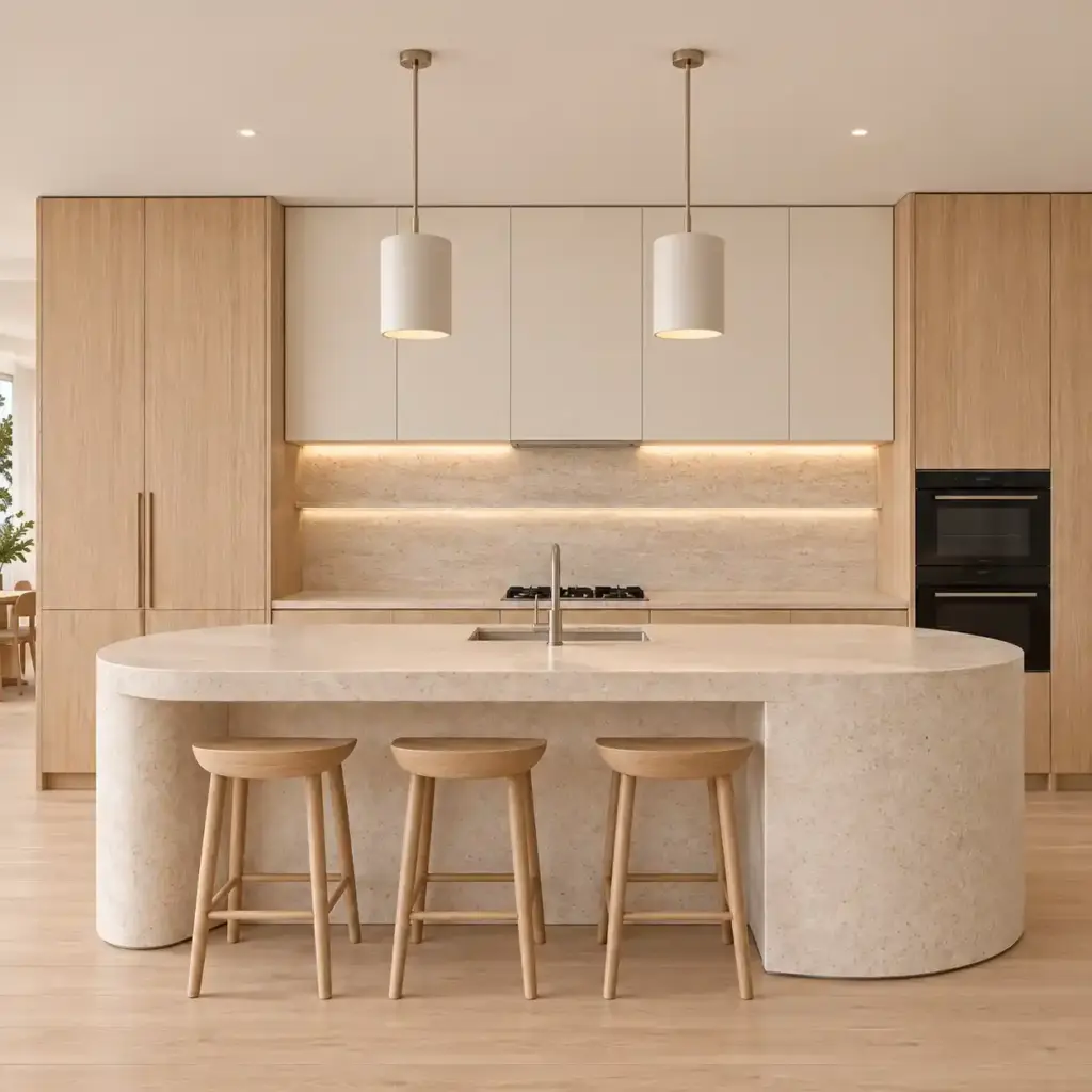 VCCUCINE-CBOW Handleless White 2Pac Kitchen Cabinetry with Fluted Curved Island for AU Apartment Projects
