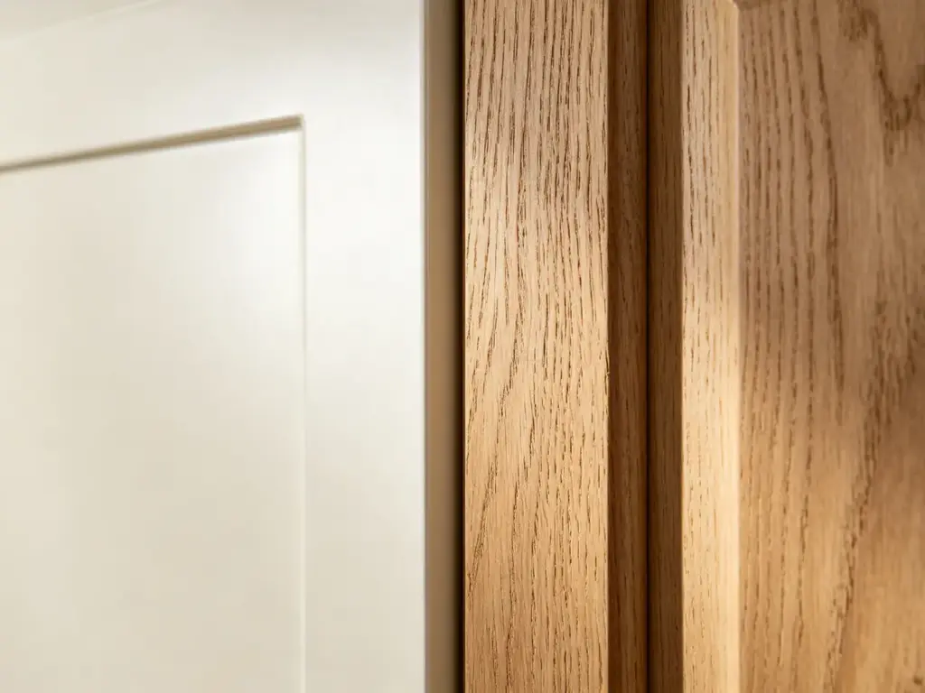 Close-up of washed oak wood grain and matte cream flat cabinet door finishes