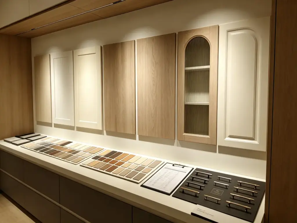 Washed oak and cream cabinet door samples displayed in a builder's showroom