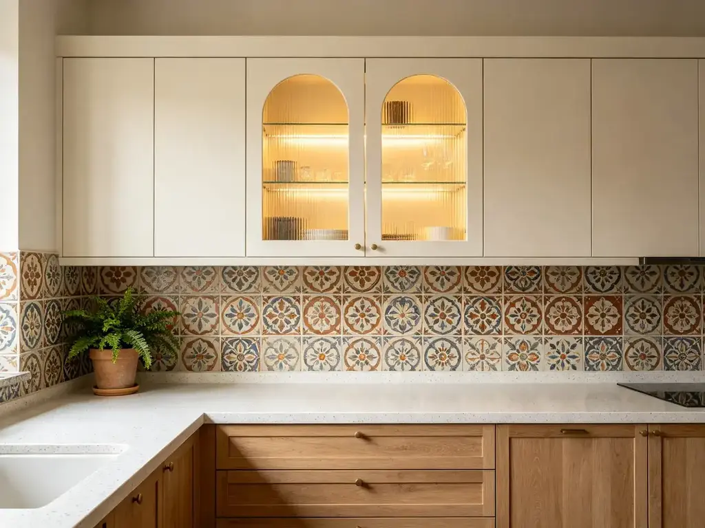 Arched glass cabinet doors and vintage tiles in a cream and oak kitchen