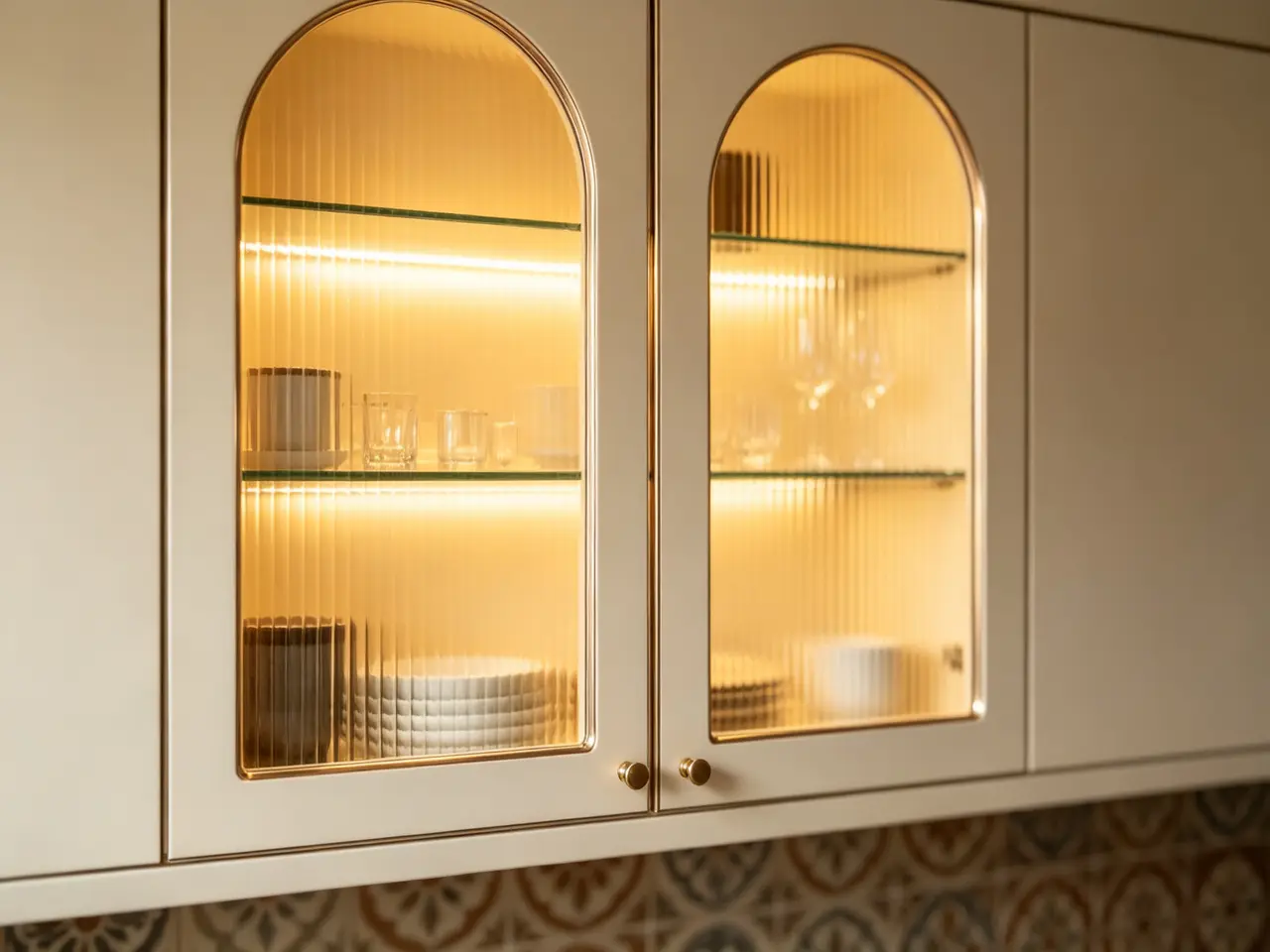 Right side view of cream and washed oak kitchen cabinets with wooden drawers and tiled wall