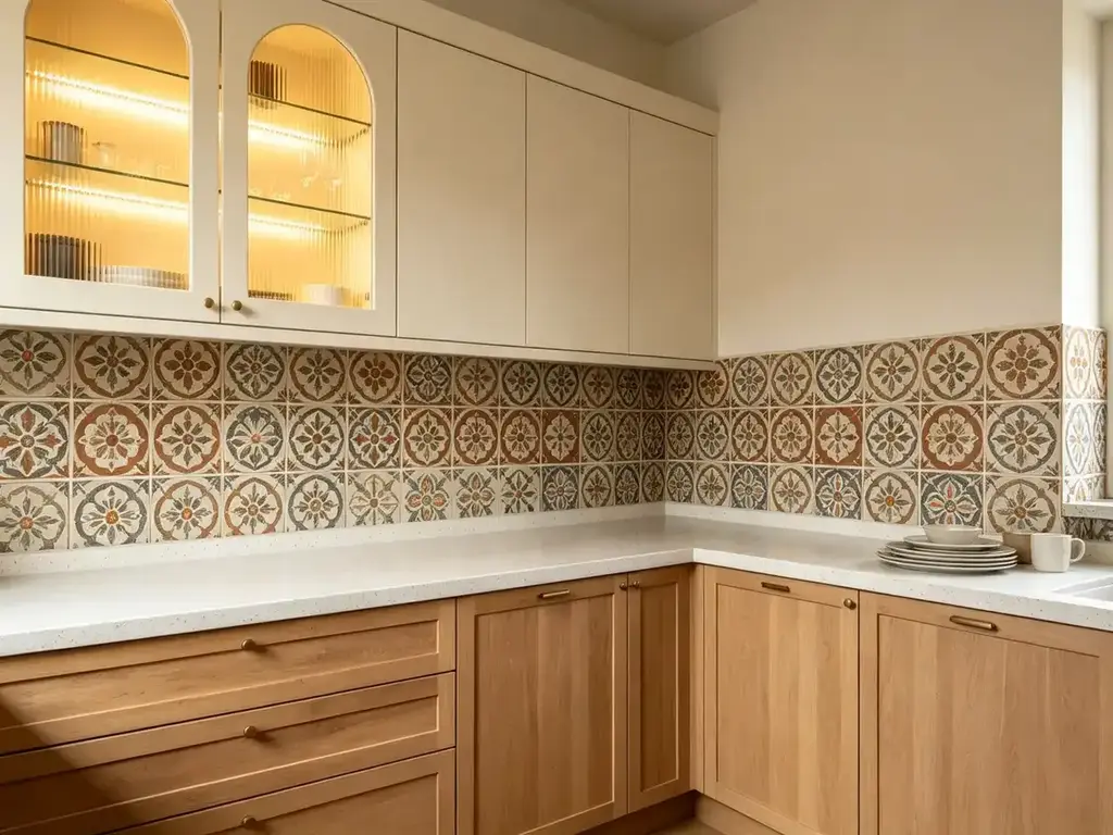 Left side view of arched glass cabinet doors and vintage tiles in a cream and oak kitchen