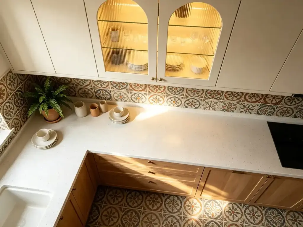 Top view of a cream and oak kitchen benchtop with arched glass cabinets and vintage floor tiles