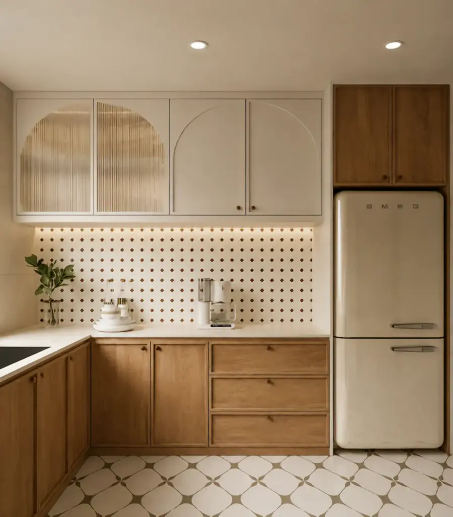 Cream and washed oak Cabinetry Australia two-tone kitchen cabinets with arched glass doors, under-cabinet lighting and vintage tiles