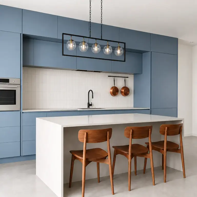 VCCUCINE-SGSB Minimalist Handleless Blue Grey 2Pac Flat Panel Kitchen Cabinetry with Quartz Kitchen Island for Australian Project