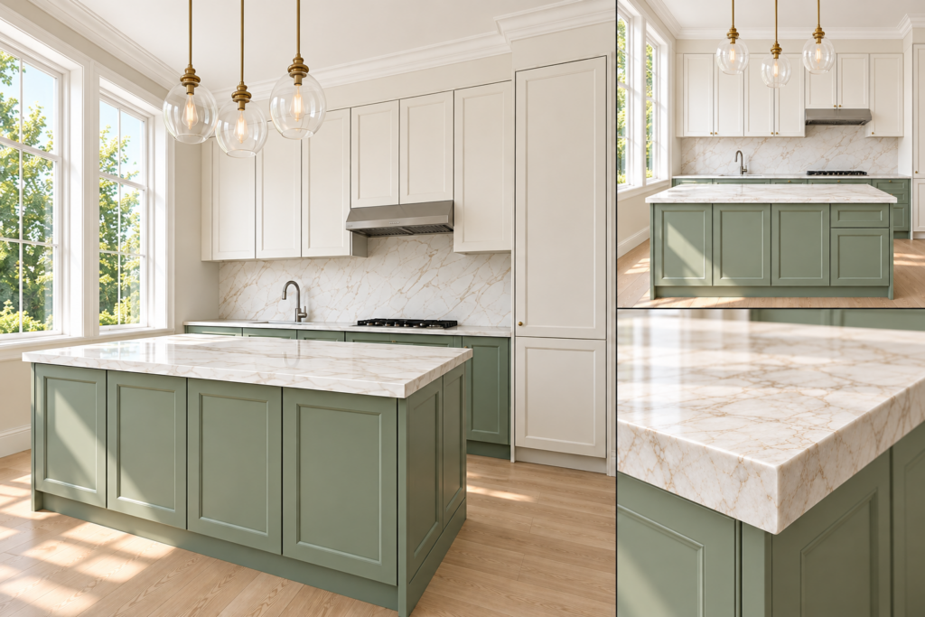 VCCUCINE-PWSG Modern Contemporary White And Green Melamine Shaker Kitchen Cabinetry with Kitchen Island for Australian Project