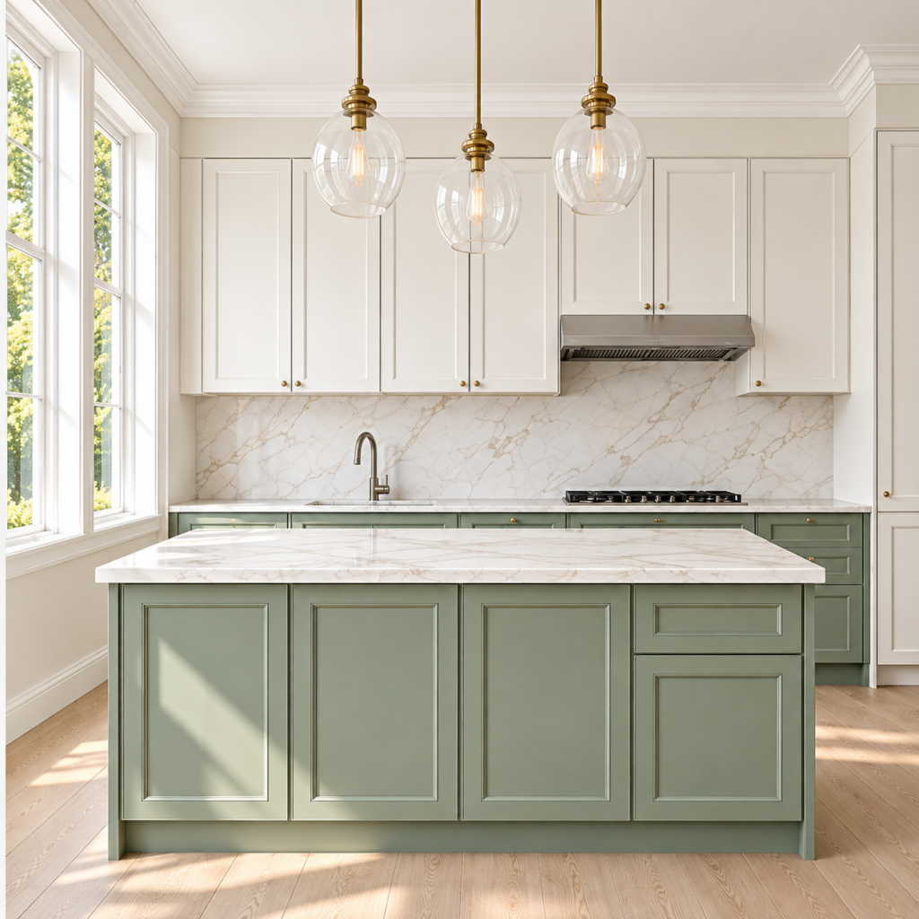 VCCUCINE-PWSG Modern Contemporary White And Green Melamine Shaker Kitchen Cabinetry with Kitchen Island for Australian Project