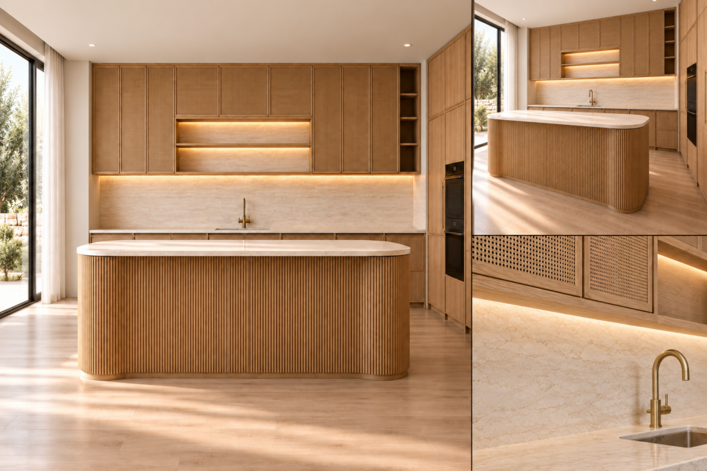 VCCUCINE-CWFD002 Modern Luxury Oak Melamine Rattan Kitchen Cabinetry with Fluted Curved Kitchen Island for Australian Project