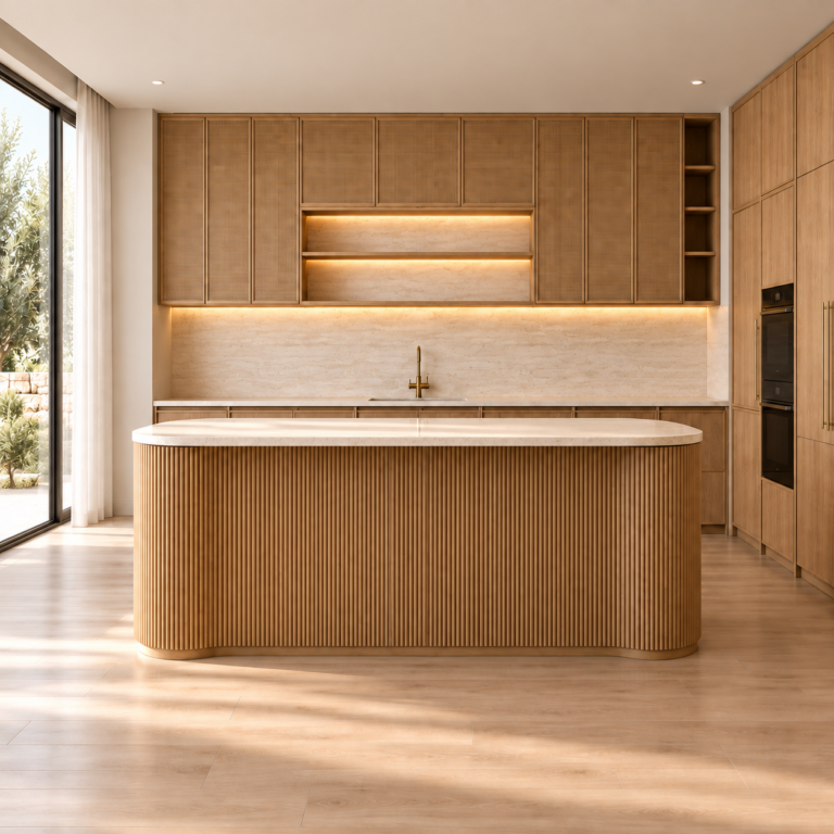 VCCUCINE-CWFD002 Modern Luxury Oak Melamine Rattan Kitchen Cabinetry with Fluted Curved Kitchen Island for Australian Project