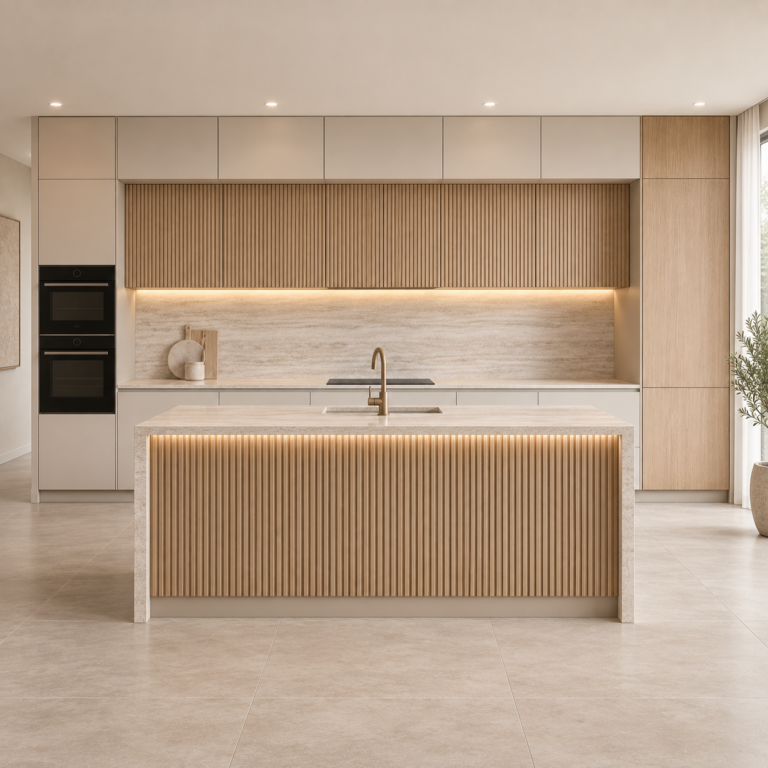 VCCUCINE-PWFD002 Modern White and Oak Melamine Kitchen Cabinetry with Fluted Kitchen Island for Australian Project