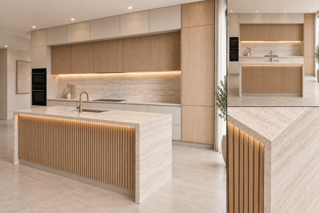 VCCUCINE-PWFD002 Modern White and Oak Melamine Kitchen Cabinetry with Fluted Kitchen Island for Australian Project
