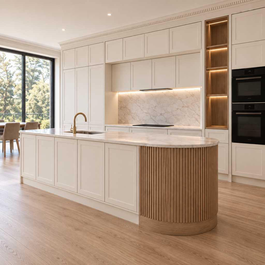 VCCUCINE-OWFD004 Modern Handleless White Shaker Melamine Kitchen Cabinetry with Fluted Curved Island for Australian Project