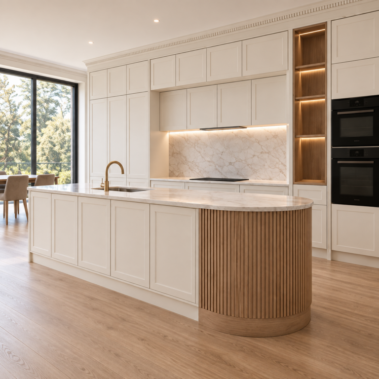 VCCUCINE-OWFD004 Modern Handleless White Shaker Melamine Kitchen Cabinetry with Fluted Curved Island for Australian Project