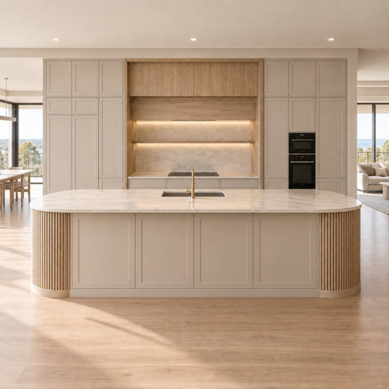 VCCUCINE-OWFD006 现代奢华无把手米白色谢克风格三聚氰胺厨房橱柜，配橡木凹槽弧形中岛，适用于澳大利亚项目
