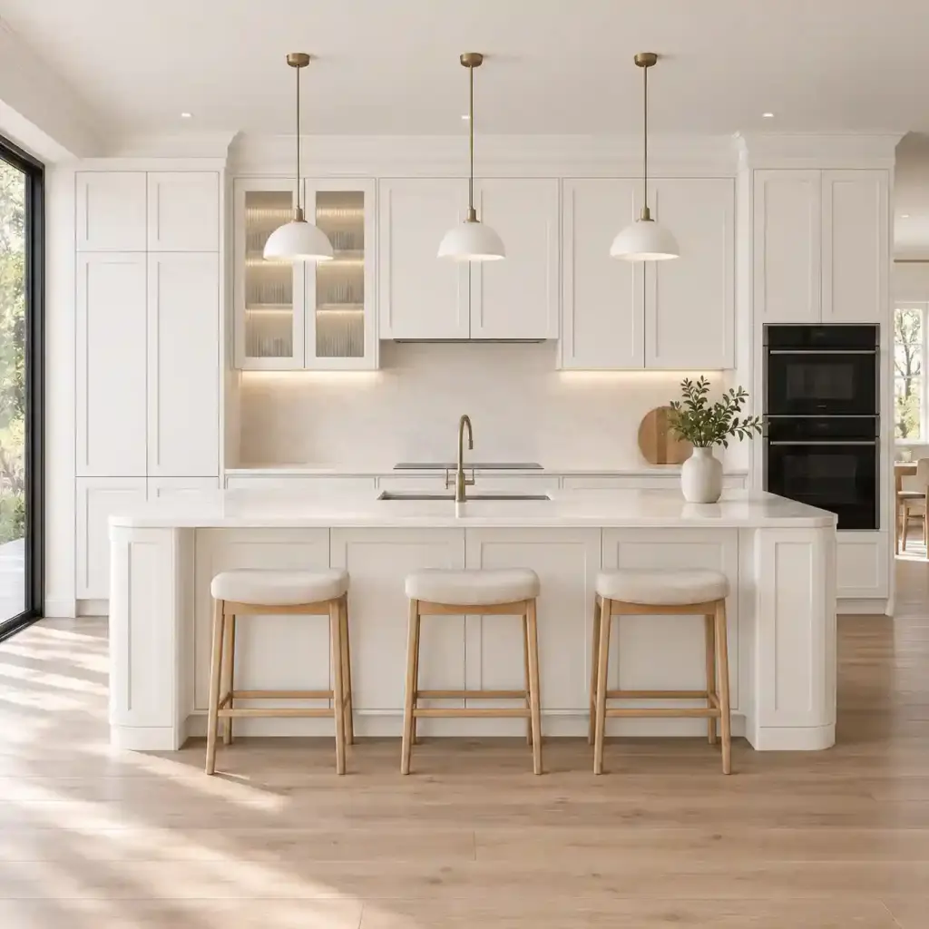 VCCUCINE-PWSR005 Minimalist Handleless White Shaker Melamine Kitchen Cabinetry with Kitchen Island for Australian Project