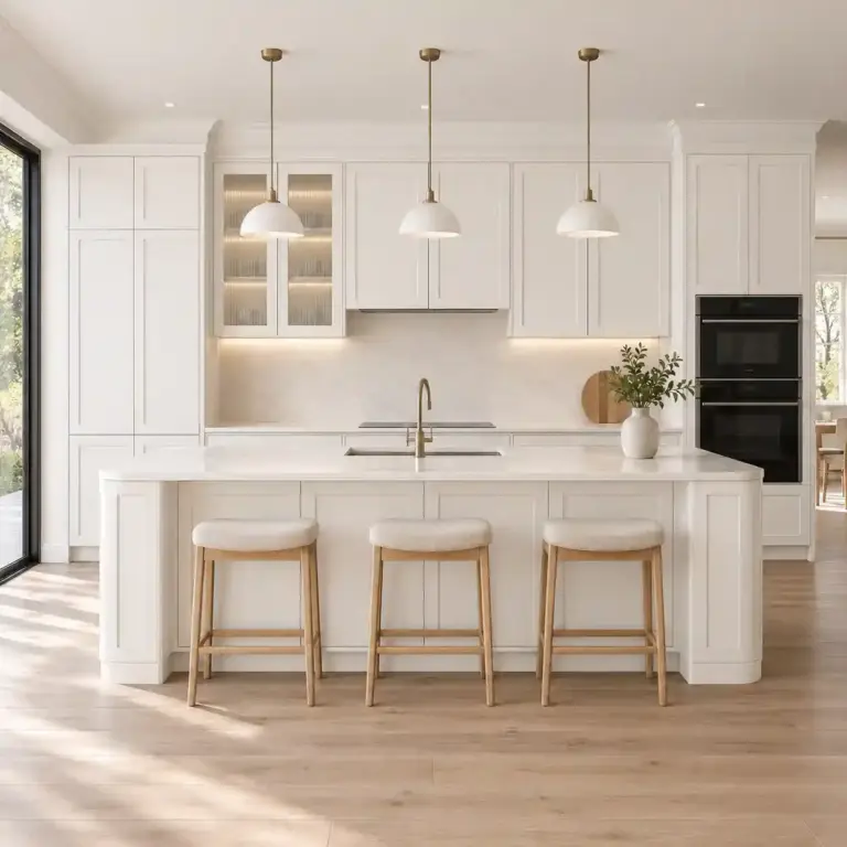 VCCUCINE-PWSR005 Minimalist Handleless White Shaker Melamine Kitchen Cabinetry with Kitchen Island for Australian Project