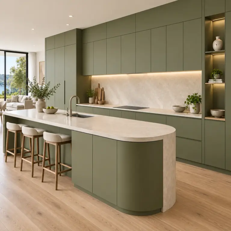 VCCUCINE-ODSG Minimalist Handleless Olive Green Laminate Flat Panel Kitchen Cabinetry with Curved Island for Australian Project