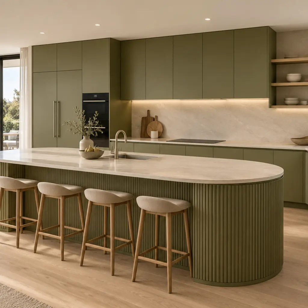 VCCUCINE-ODFD005 Modern Contemporary Olive Green Matte 2Pac Flat Panel Kitchen Cabinetry with Fluted Curved Island for Australian Project