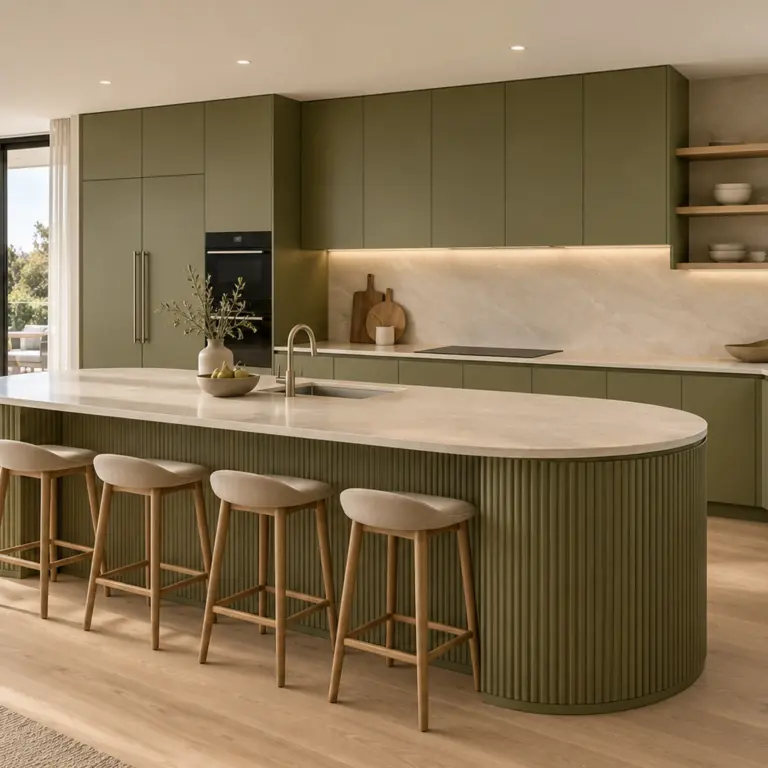 VCCUCINE-ODFD005 Modern Contemporary Olive Green Matte 2Pac Flat Panel Kitchen Cabinetry with Fluted Curved Island for Australian Project
