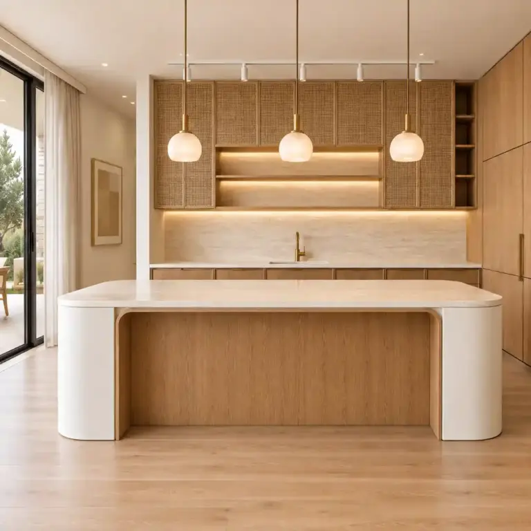 VCCUCINE-STCW Modern Contemporary Oak Melamine Rattan Kitchen Cabinetry with Kitchen Island for Australian Project