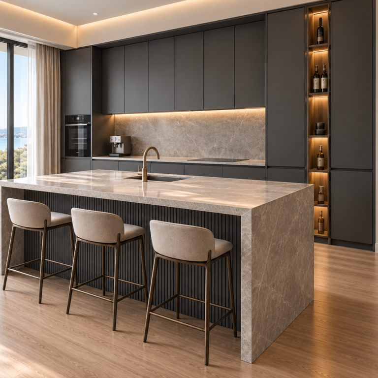 VCCUCINE-CSFD008 Minimalist Dark Grey Matte Laminate Flat Panel Kitchen Cabinetry with Fluted Island for Australian Project
