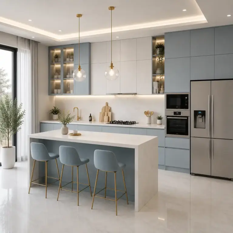 VCCUCINE-OWSB 适用于澳大利亚项目的现代无把手白色和蓝色三聚氰胺平板式厨房橱柜，配有石英石厨房岛台