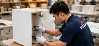 Factory workers assembling kitchen cabinet carcases before export