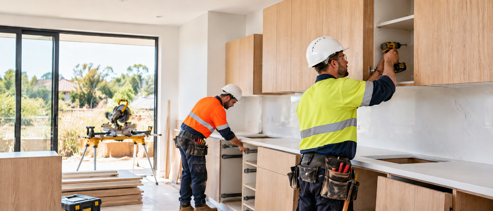 Australian builders installing kitchen cabinetry on site