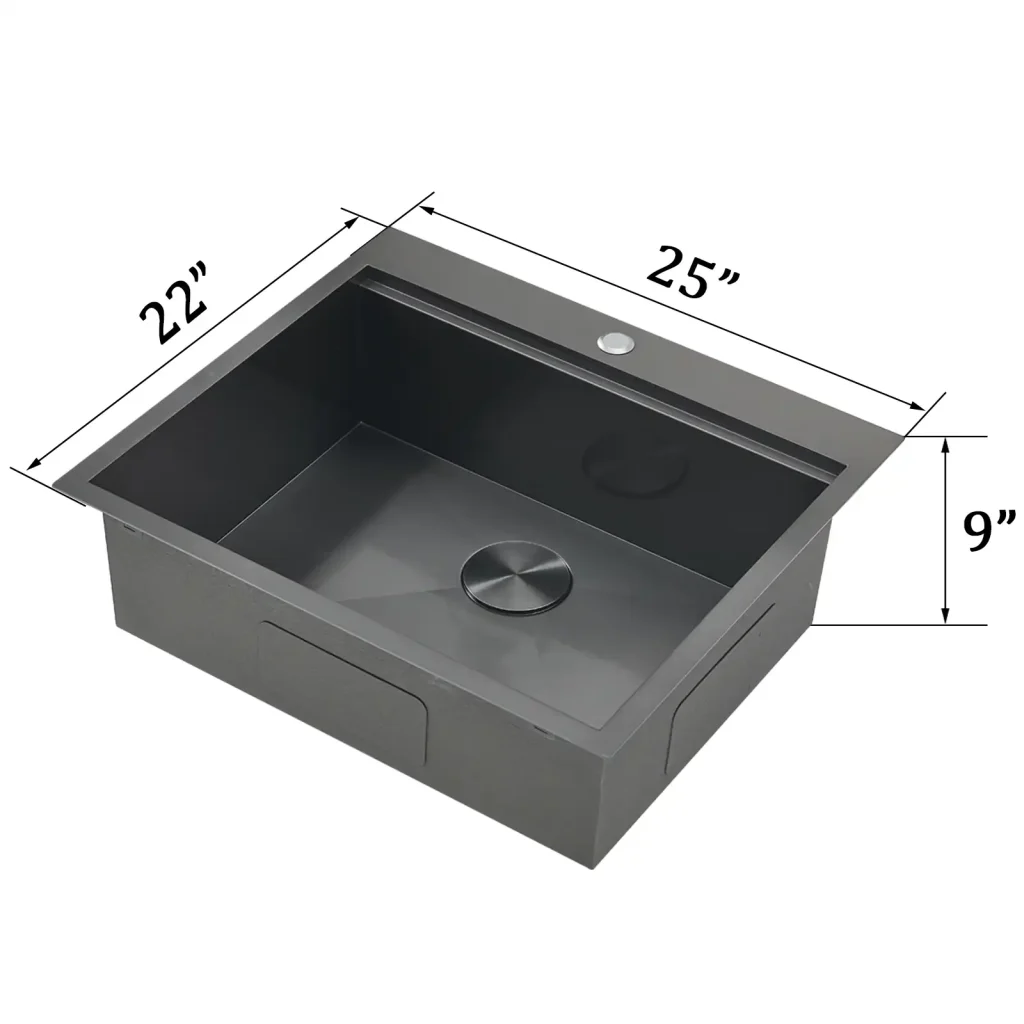 黑色水槽尺寸表：整体尺寸为25×22，单盆深度9英寸，后排排水
