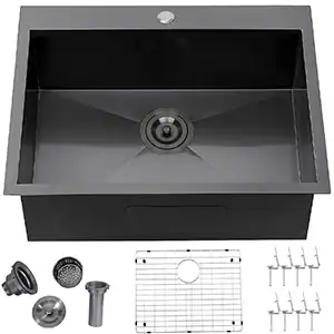 VCCUCINE 25 x 22 英寸黑色嵌入式不锈钢单槽水槽，专为建筑商和承包商设计