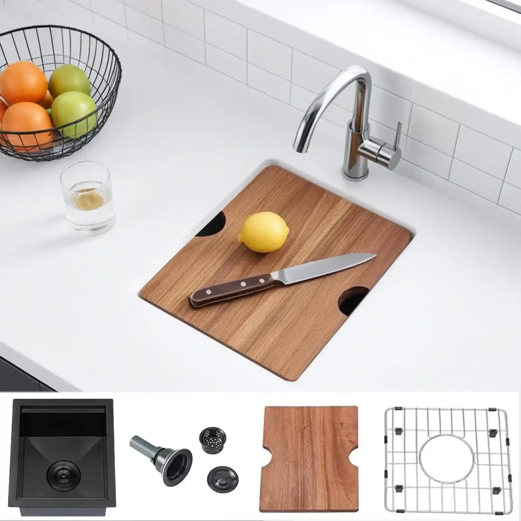VCCUCINE 13 x 15 英寸 炮铜黑 T-304 不锈钢下嵌式工作台吧台水槽，16 号钢板，附带木质砧板，适用于商业项目