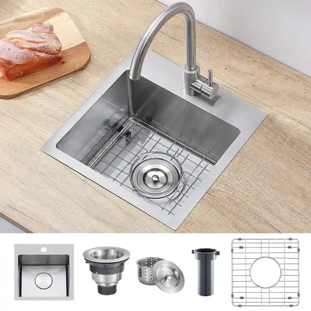 VCCUCINE Compact 15 x 15 英寸拉丝镍吧台水槽（适用于批量订购）