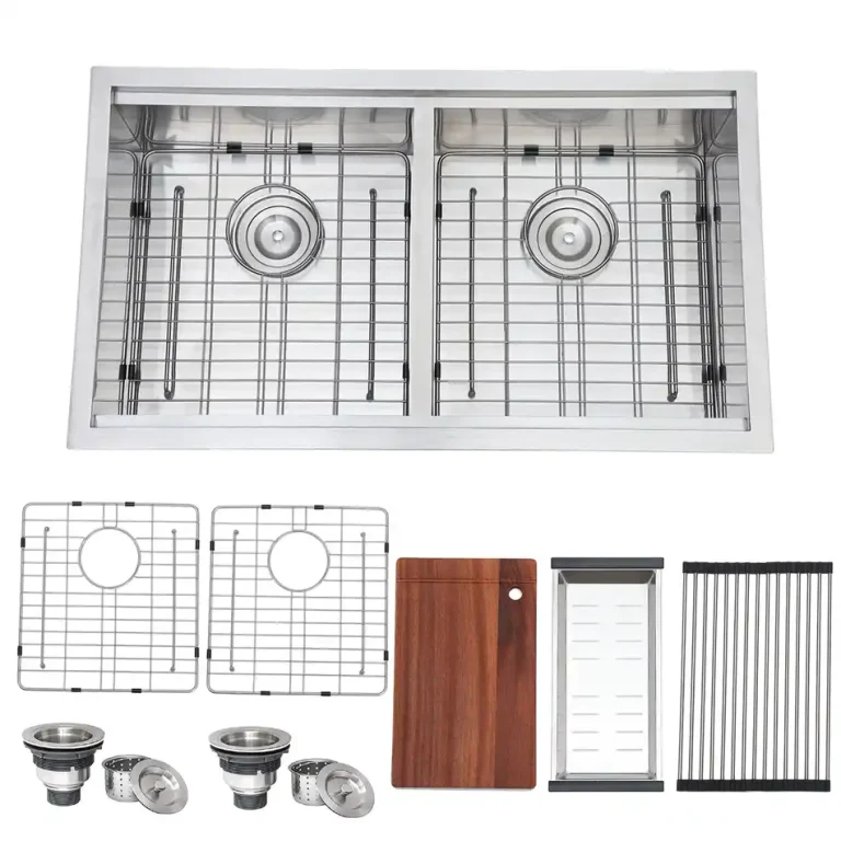VCCUCINE 33×19 双槽工作台水槽，拉丝不锈钢 T-304 下嵌式厨房水槽，16 号钢板，深 9 英寸，附带砧板及配件，适用于厨房及卫浴供应商