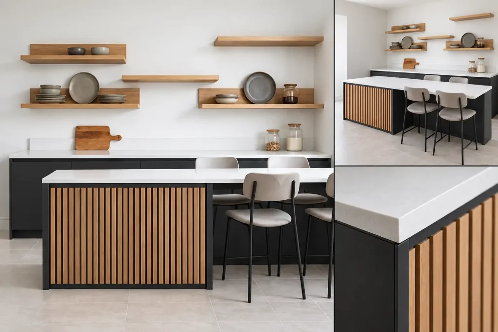 VCCUCINE-PBFD105 Japandi Matte Black Kitchen Cabinetry with Vertical Timber Fluted Island for Australia Project Apartment