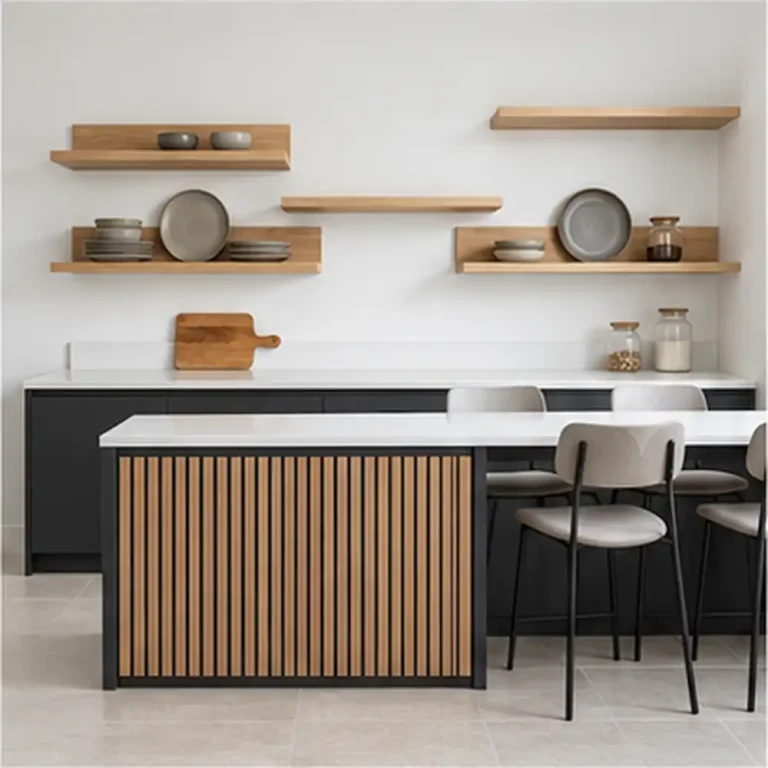 VCCUCINE-PBFD105 Japandi Matte Black Kitchen Cabinetry with Vertical Timber Fluted Island for Australia Project Apartment