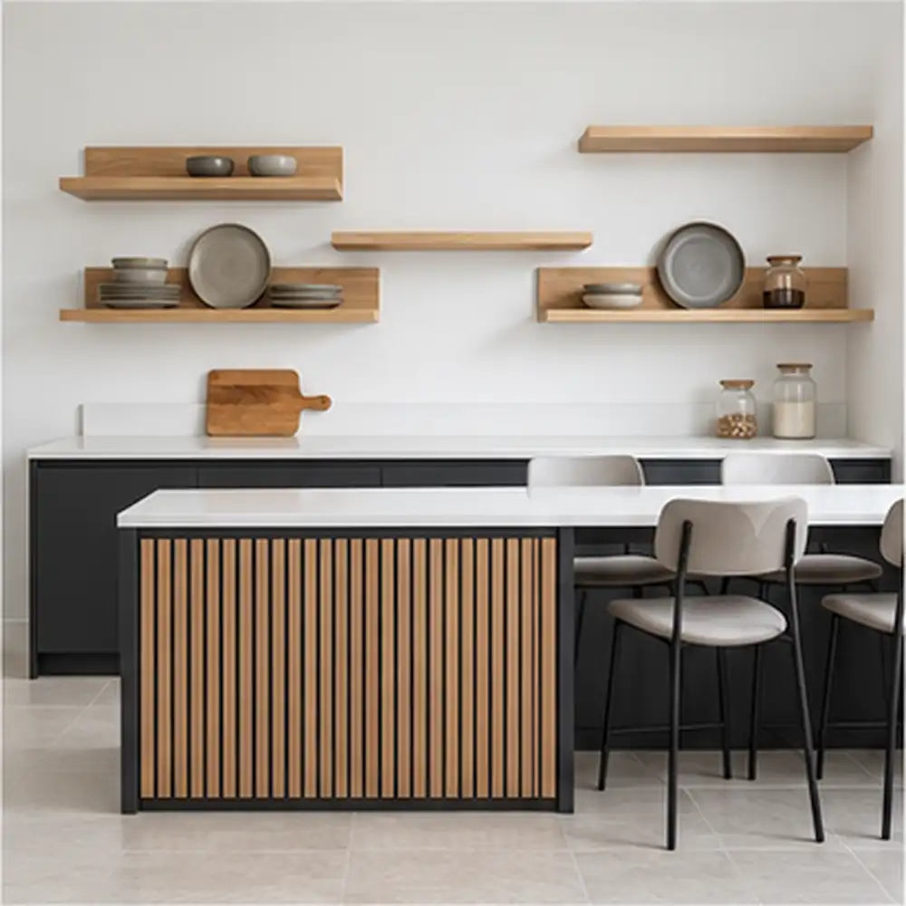 VCCUCINE-PBFD105 Japandi Matte Black Kitchen Cabinetry with Vertical Timber Fluted Island for Australia Project Apartment